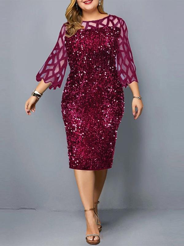 Plus Size Sequin Dress - Three Quarter Sleeve Round Neck Dress by Lady Ros