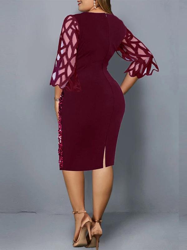 Plus Size Sequin Dress - Three Quarter Sleeve Round Neck Dress by Lady Ros