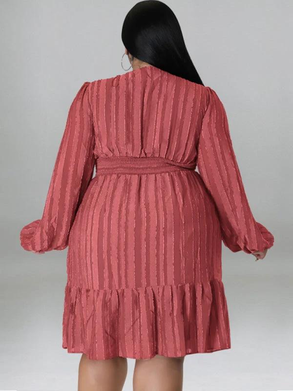 Plus size jacquard V-neck striped long-sleeved dress by Lady Ros
