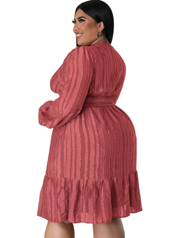 Plus size jacquard V-neck striped long-sleeved dress by Lady Ros