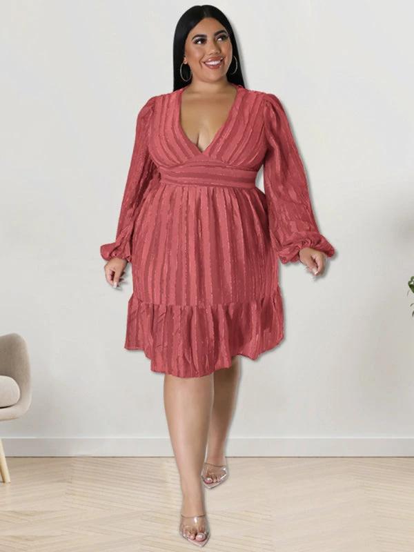Plus size jacquard V-neck striped long-sleeved dress by Lady Ros