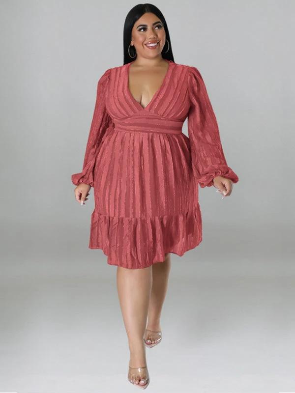 Plus size jacquard V-neck striped long-sleeved dress by Lady Ros
