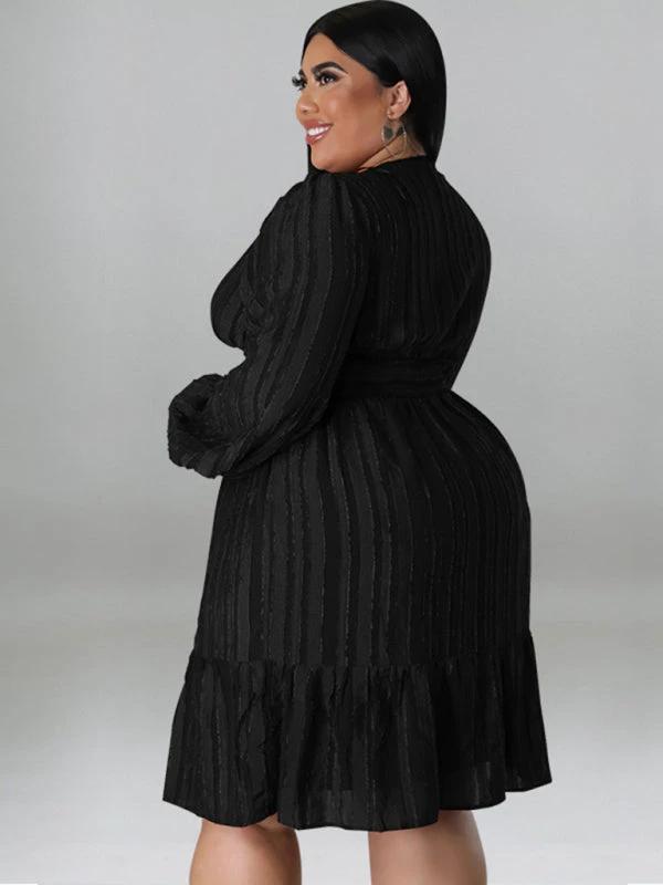 Plus size jacquard V-neck striped long-sleeved dress by Lady Ros