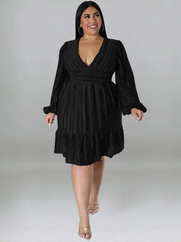 Plus size jacquard V-neck striped long-sleeved dress by Lady Ros