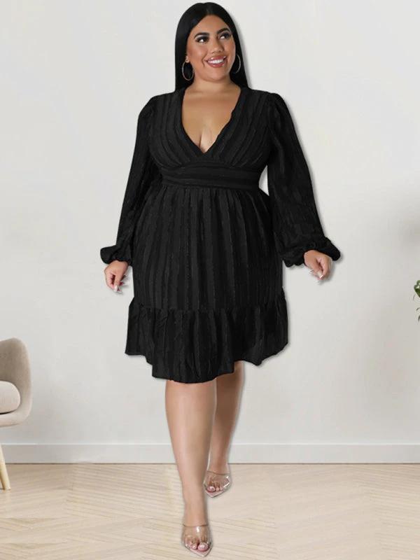 Plus size jacquard V-neck striped long-sleeved dress by Lady Ros
