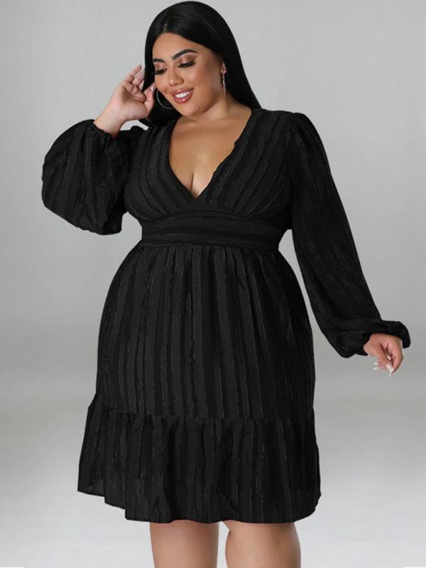Plus size jacquard V-neck striped long-sleeved dress by Lady Ros