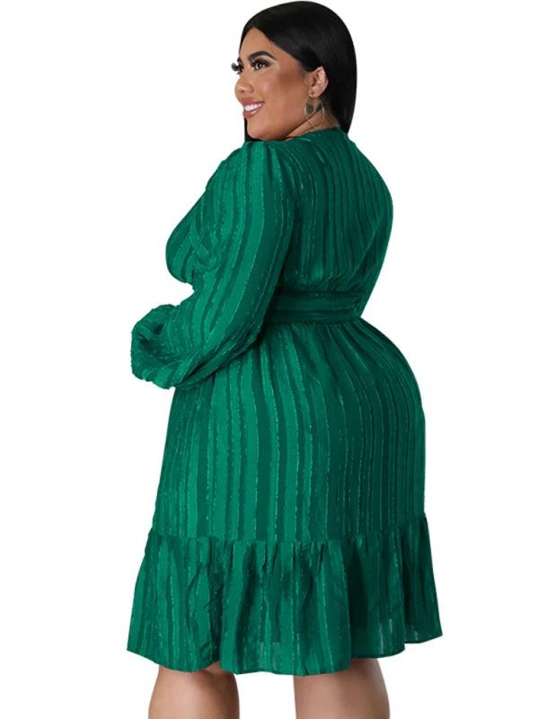 Plus size jacquard V-neck striped long-sleeved dress by Lady Ros