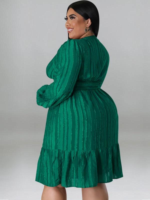 Plus size jacquard V-neck striped long-sleeved dress by Lady Ros