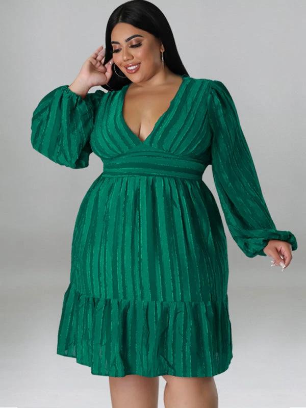 Plus size jacquard V-neck striped long-sleeved dress by Lady Ros