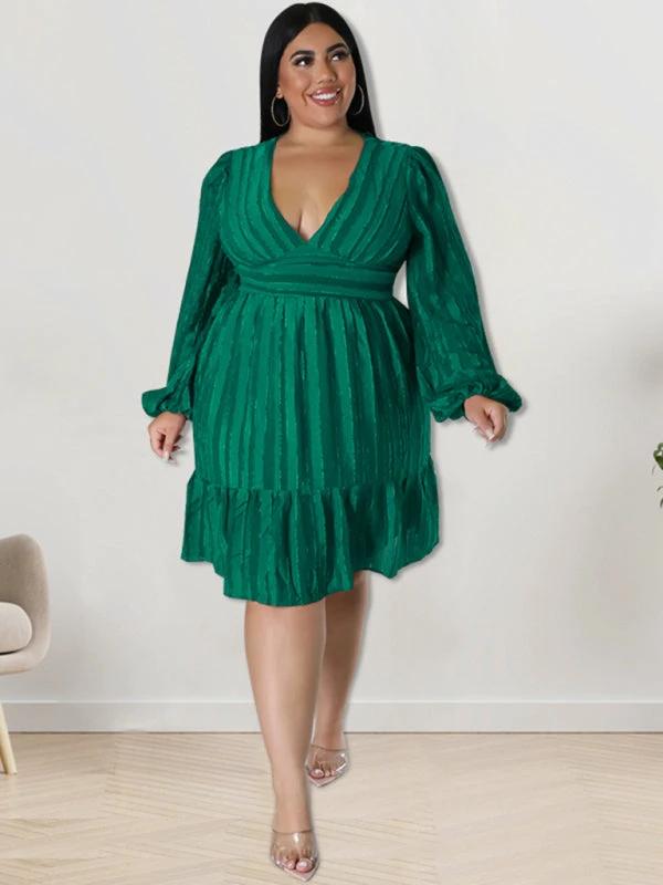 Plus size jacquard V-neck striped long-sleeved dress by Lady Ros