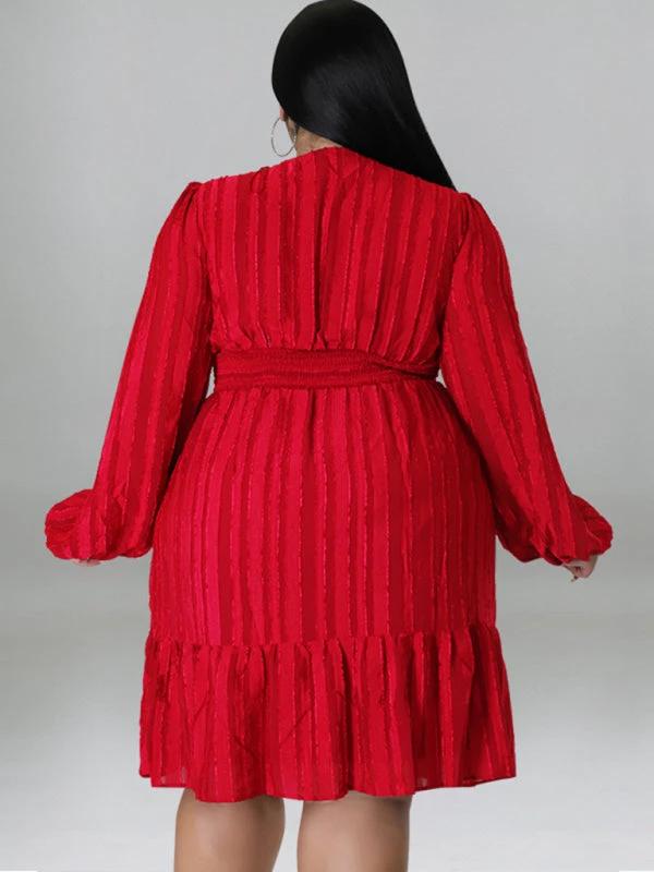 Plus size jacquard V-neck striped long-sleeved dress by Lady Ros