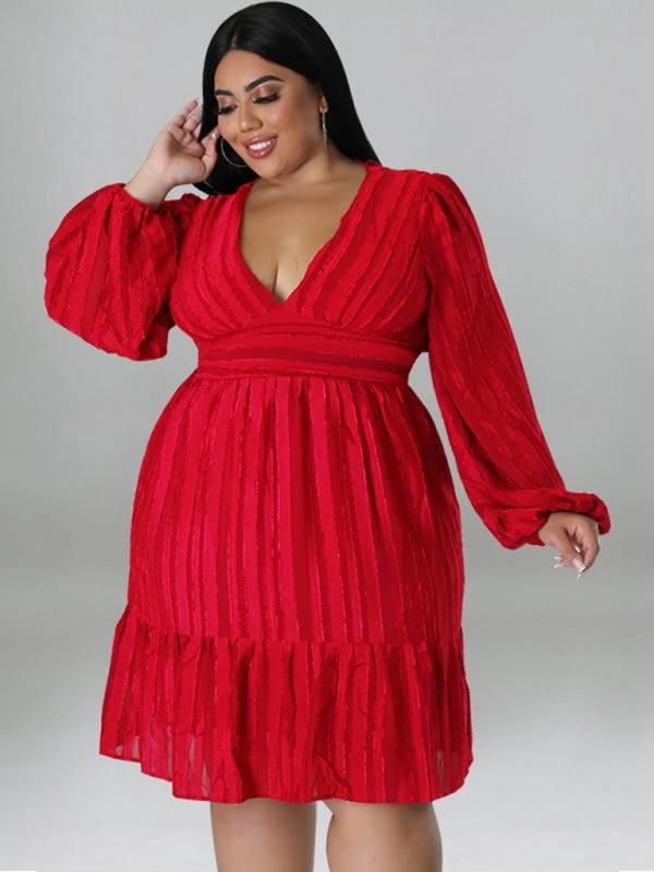 Plus size jacquard V-neck striped long-sleeved dress by Lady Ros