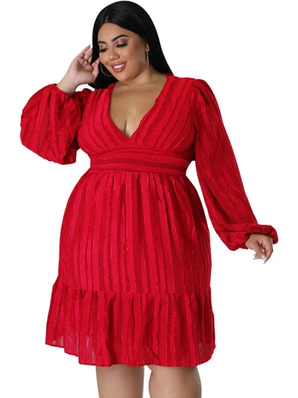 Plus size jacquard V-neck striped long-sleeved dress by Lady Ros