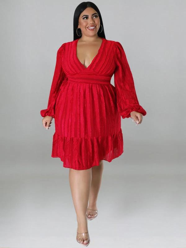 Plus size jacquard V-neck striped long-sleeved dress by Lady Ros