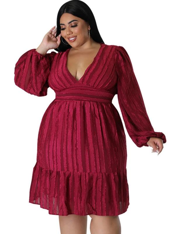 Plus size jacquard V-neck striped long-sleeved dress by Lady Ros