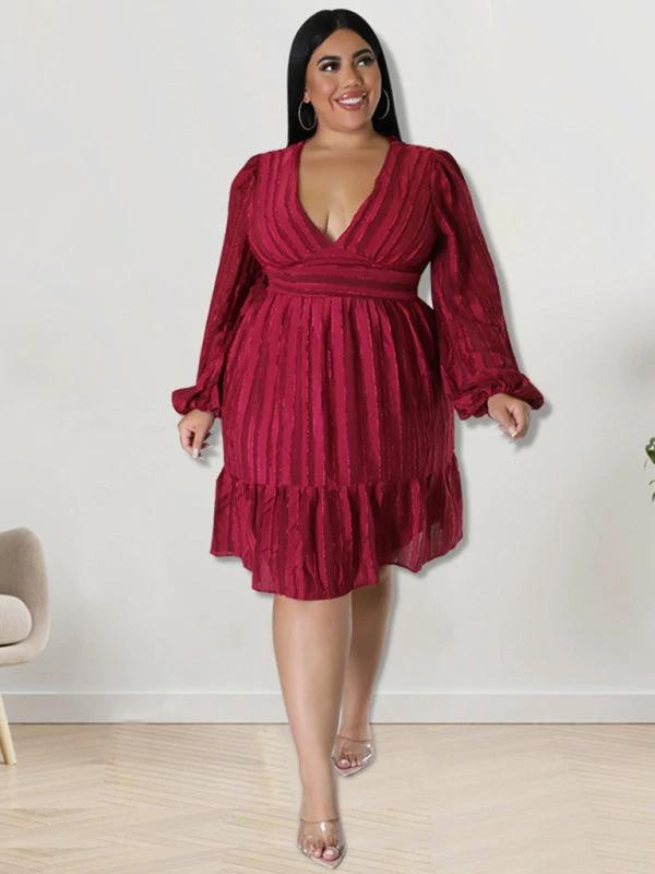 Plus size jacquard V-neck striped long-sleeved dress by Lady Ros