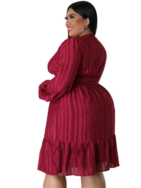 Plus size jacquard V-neck striped long-sleeved dress by Lady Ros