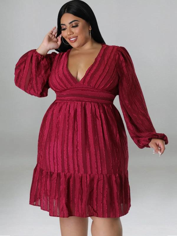 Plus size jacquard V-neck striped long-sleeved dress by Lady Ros