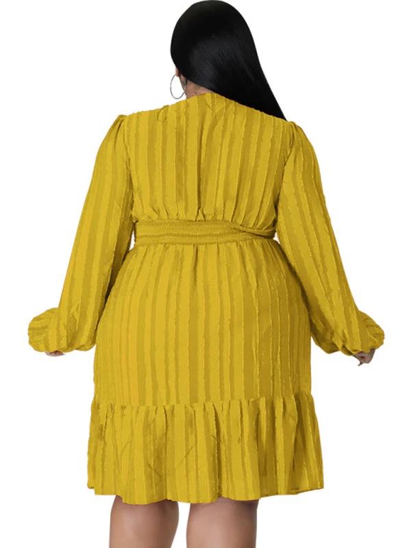 Plus size jacquard V-neck striped long-sleeved dress by Lady Ros