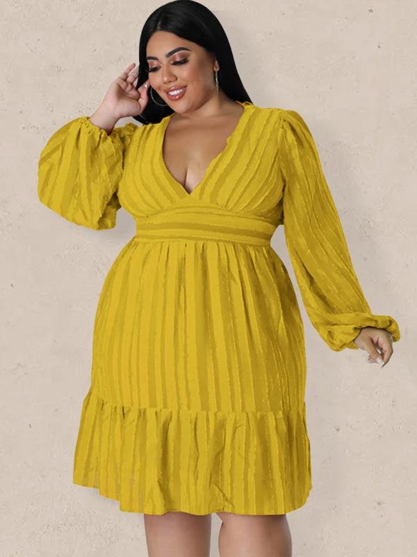 Plus size jacquard V-neck striped long-sleeved dress by Lady Ros