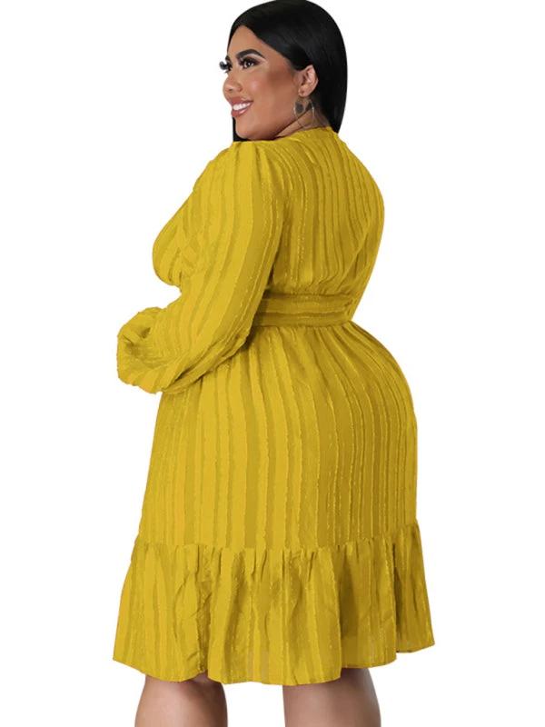 Plus size jacquard V-neck striped long-sleeved dress by Lady Ros
