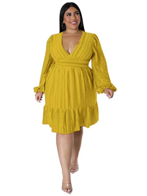 Plus size jacquard V-neck striped long-sleeved dress by Lady Ros