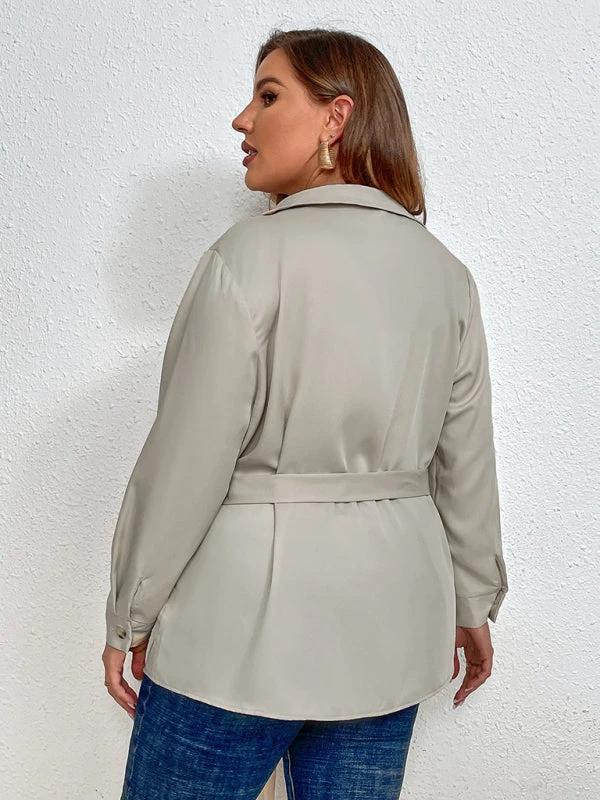 Plus size temperament commuter tie lapel cardigan shirt jacket by Lady Ros