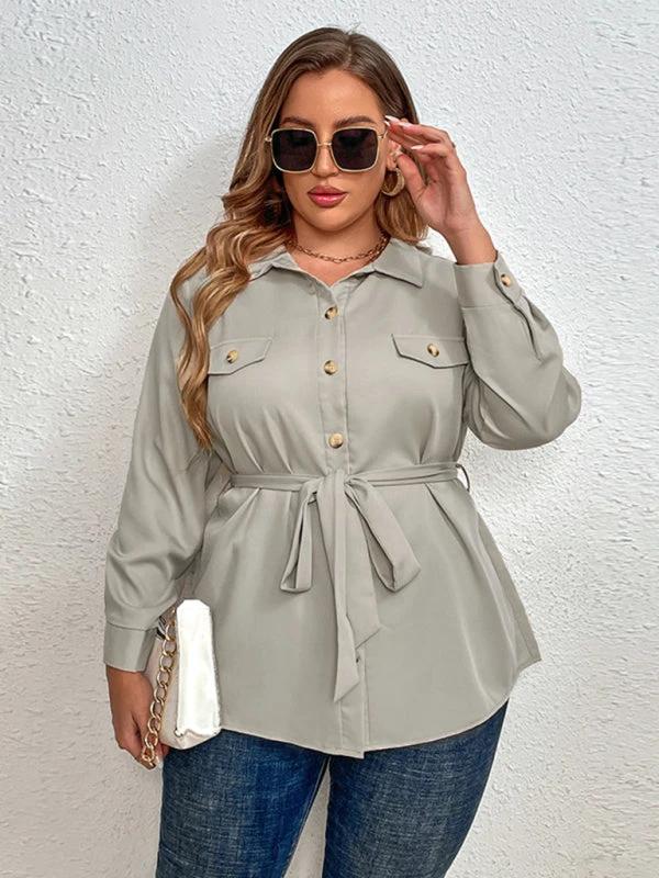 Plus size temperament commuter tie lapel cardigan shirt jacket by Lady Ros