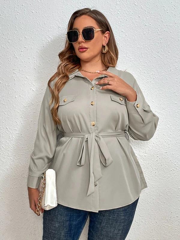 Plus size temperament commuter tie lapel cardigan shirt jacket by Lady Ros