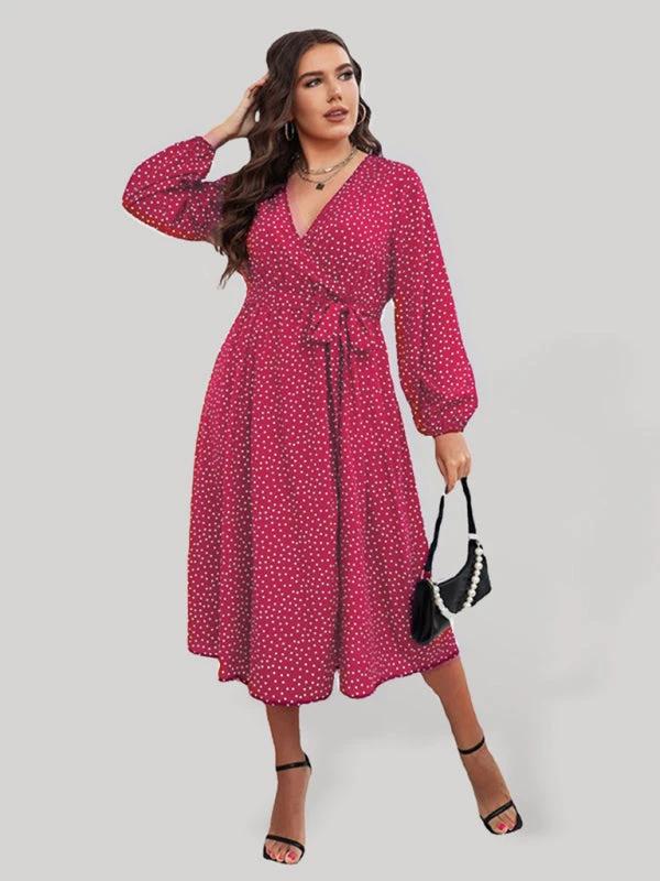 Plus size big pendulum polka dot long sleeve commuter red dress by Lady Ros