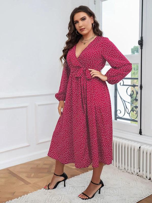 Plus size big pendulum polka dot long sleeve commuter red dress by Lady Ros