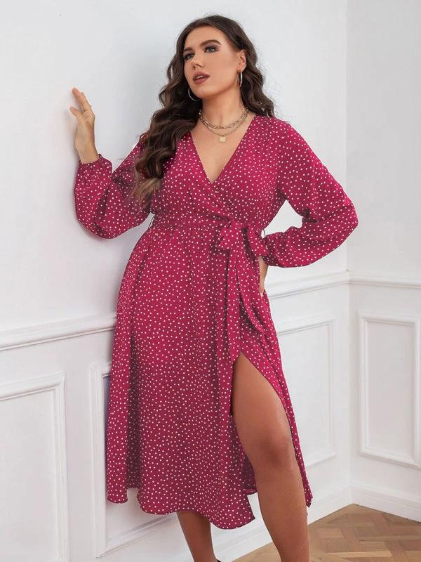 Plus size big pendulum polka dot long sleeve commuter red dress by Lady Ros