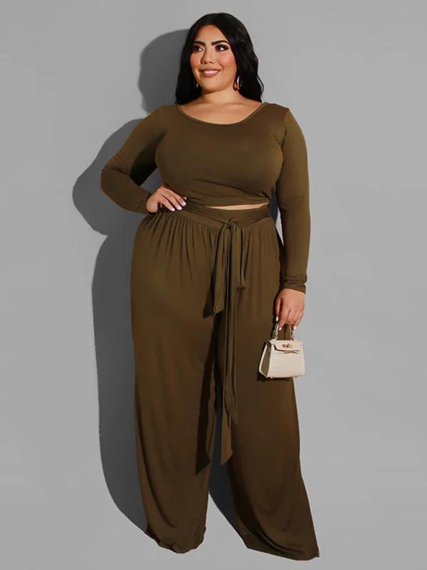 Women's plus size solid color knitted casual two-piece set by Lady Ros