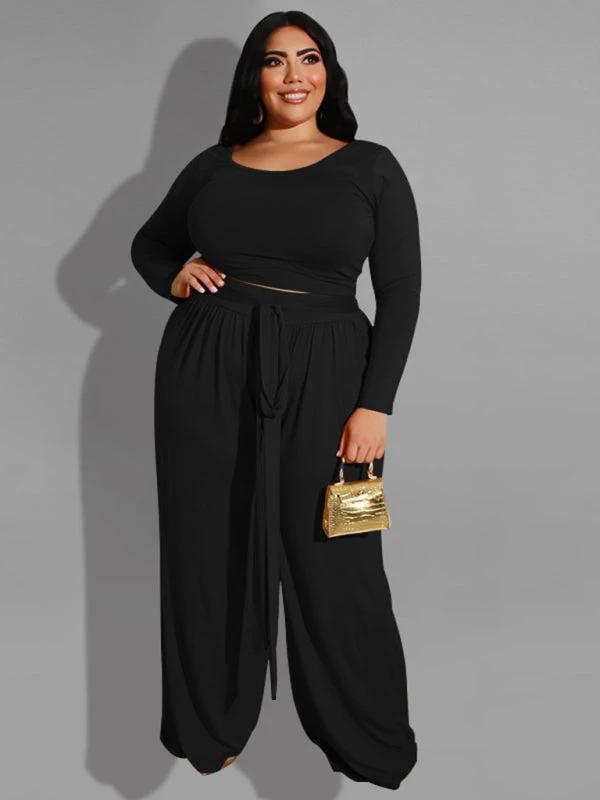 Women's plus size solid color knitted casual two-piece set by Lady Ros