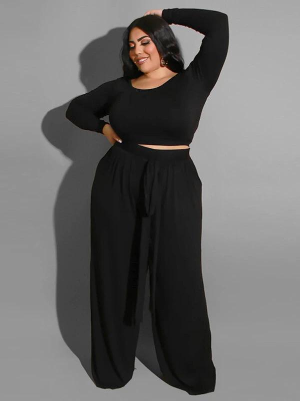 Women's plus size solid color knitted casual two-piece set by Lady Ros