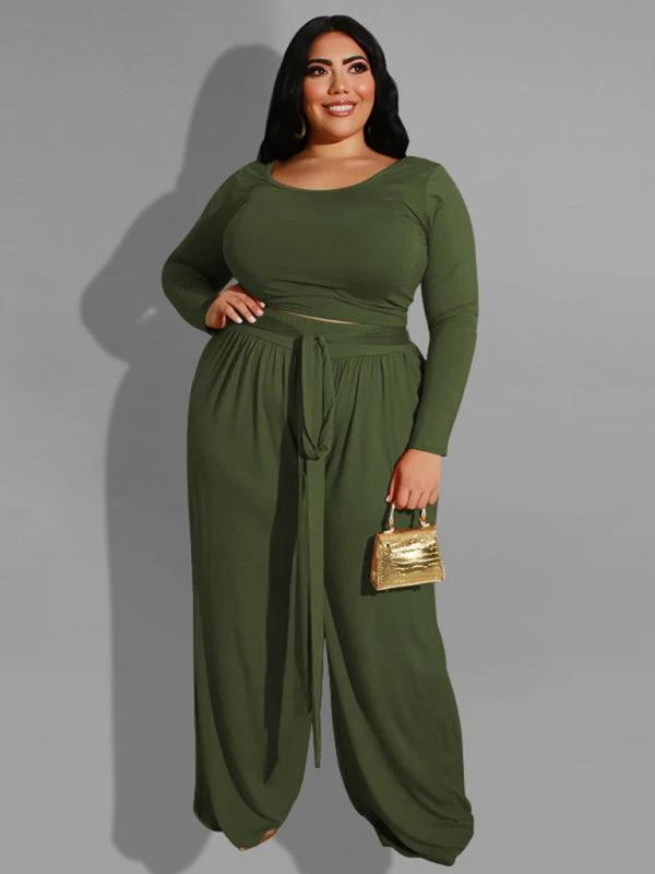 Women's plus size solid color knitted casual two-piece set by Lady Ros