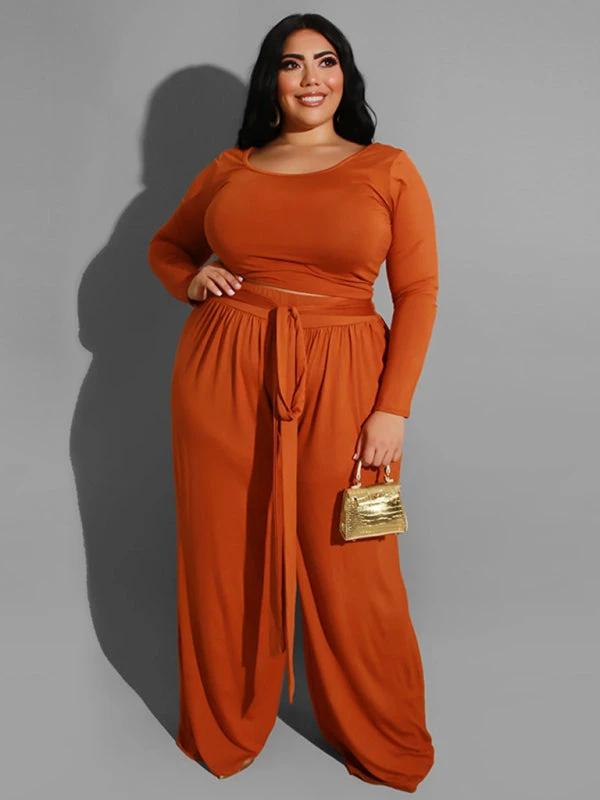 Women's plus size solid color knitted casual two-piece set by Lady Ros