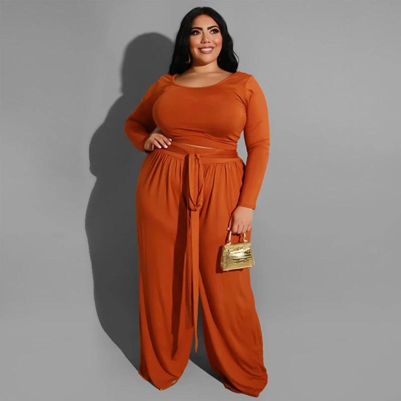 Women's plus size solid color knitted casual two-piece set by Lady Ros