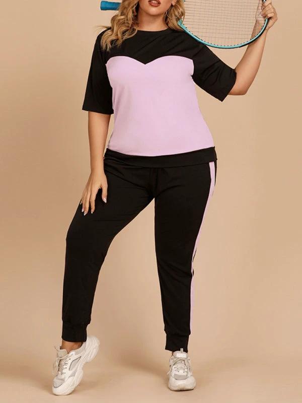 Plus Size Women's Contrasting Color Round Neck Top Elastic Waist Trousers Loose Casual Sports Suit by Lady Ros