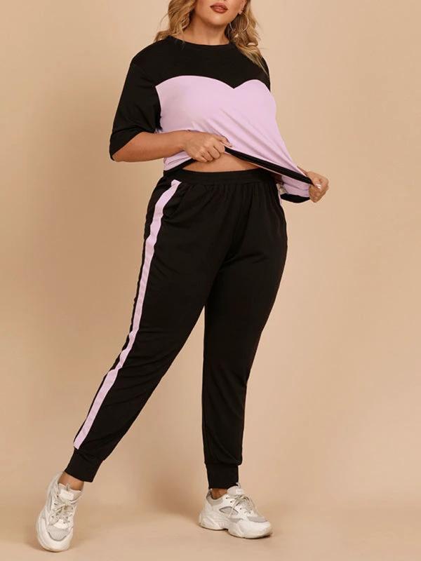Plus Size Women's Contrasting Color Round Neck Top Elastic Waist Trousers Loose Casual Sports Suit by Lady Ros