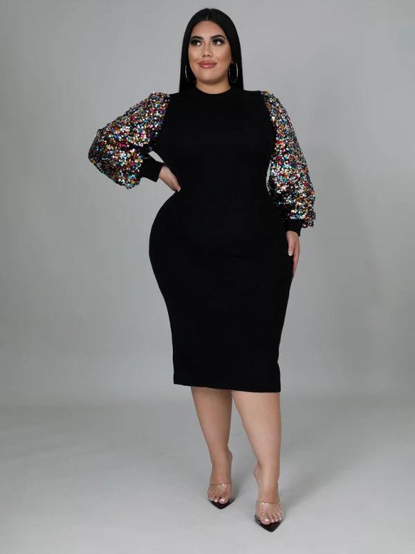 Modern Plus Size Ladies Sexy Solid Color Sequin Puff Sleeve Dress by Lady Ros