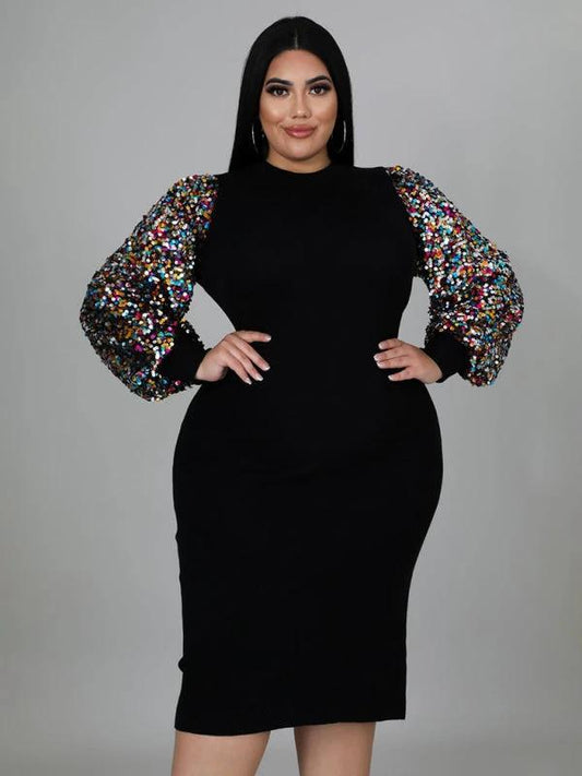 Modern Plus Size Ladies Sexy Solid Color Sequin Puff Sleeve Dress by Lady Ros