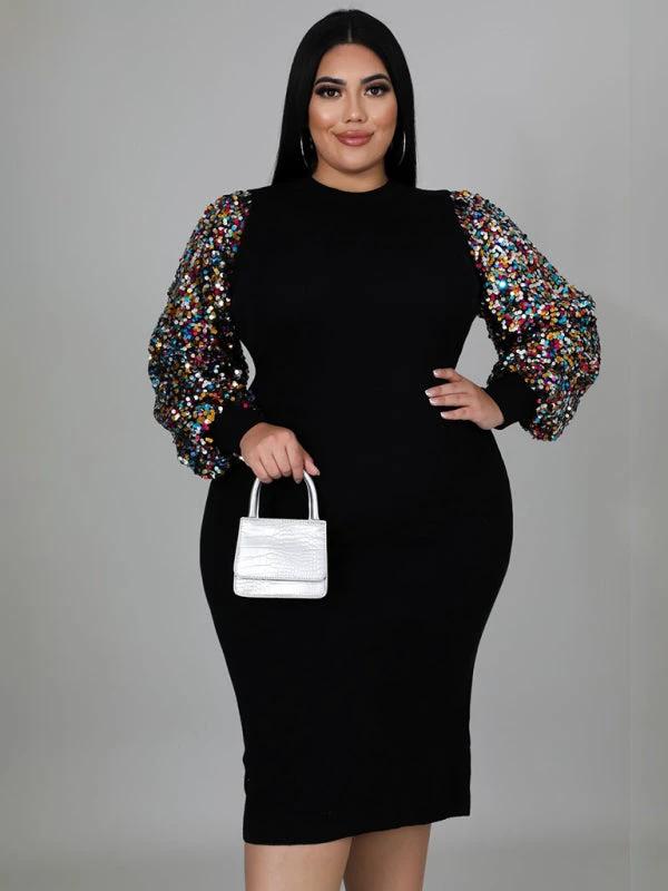 Modern Plus Size Ladies Sexy Solid Color Sequin Puff Sleeve Dress by Lady Ros