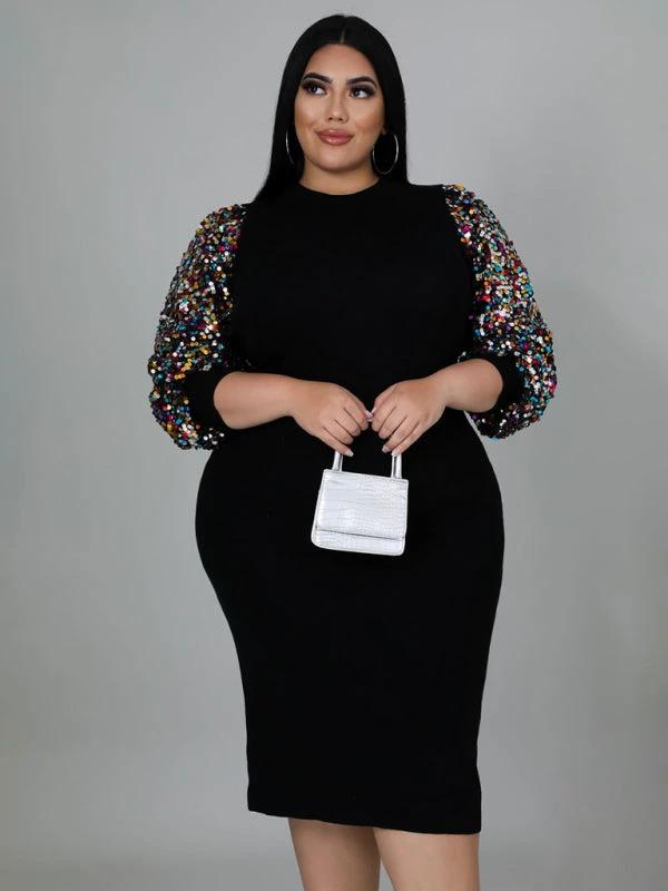 Modern Plus Size Ladies Sexy Solid Color Sequin Puff Sleeve Dress by Lady Ros