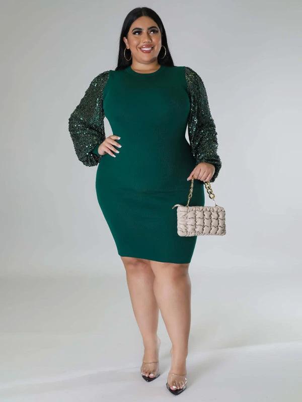 Modern Plus Size Ladies Sexy Solid Color Sequin Puff Sleeve Dress by Lady Ros