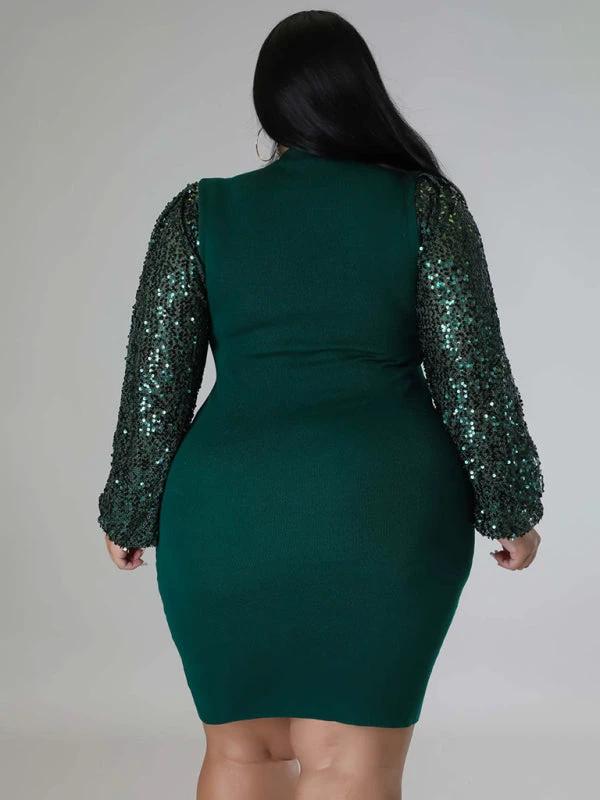Modern Plus Size Ladies Sexy Solid Color Sequin Puff Sleeve Dress by Lady Ros