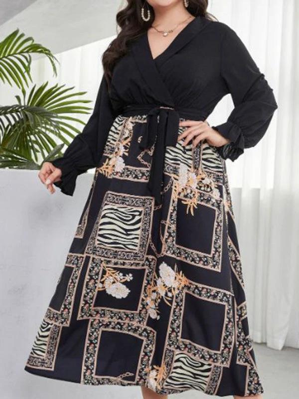 Modern style plus size women's temperament age reduction simple tie print dress by Lady Ros