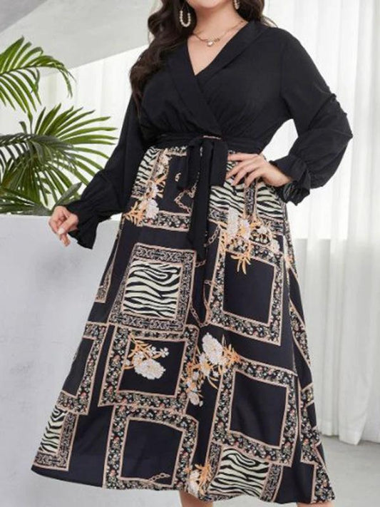 Modern style plus size women's temperament age reduction simple tie print dress by Lady Ros