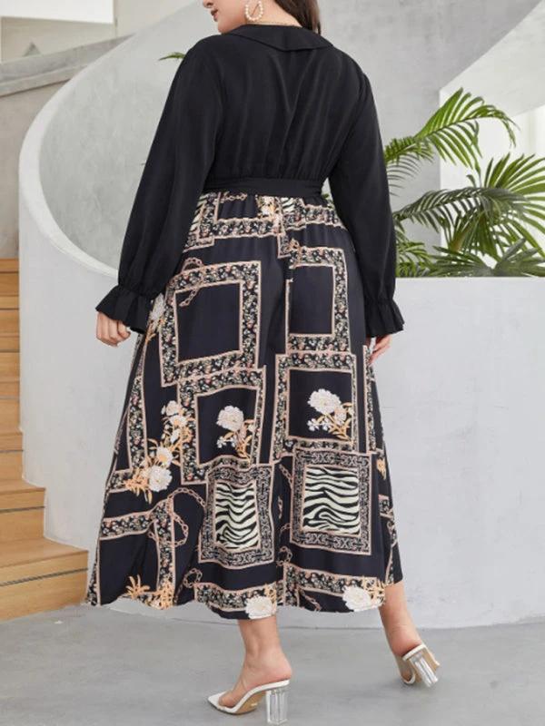 Modern style plus size women's temperament age reduction simple tie print dress by Lady Ros