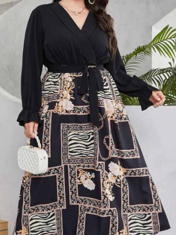 Modern style plus size women's temperament age reduction simple tie print dress by Lady Ros